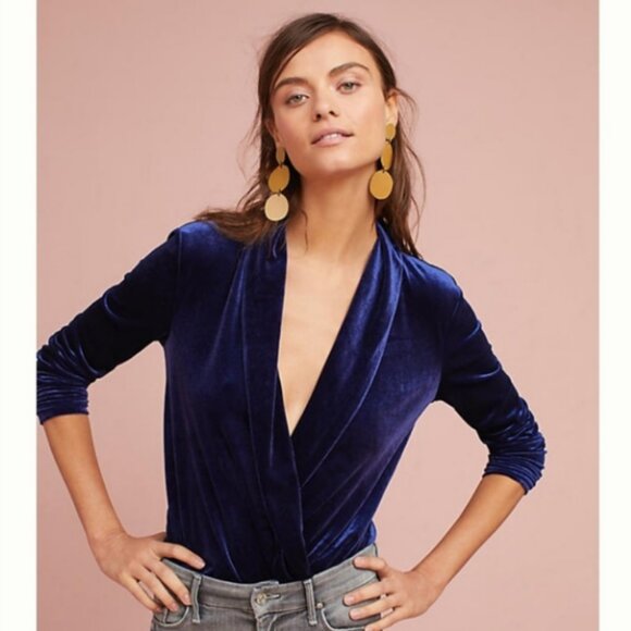 ANTHROPOLOGIE Pure + Good Velvet Surplice Bodysuit Plunge V Neck Long SleeveBlue - Picture 1 of 11